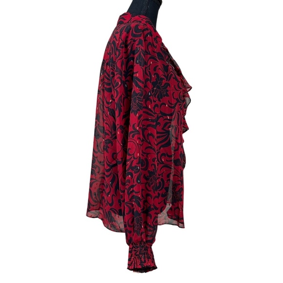 Chico's NWT Red Chiffon Ruffle Neck Shimmer V-Neck Long Sleeve Blouse Size 16 - Picture 4 of 11